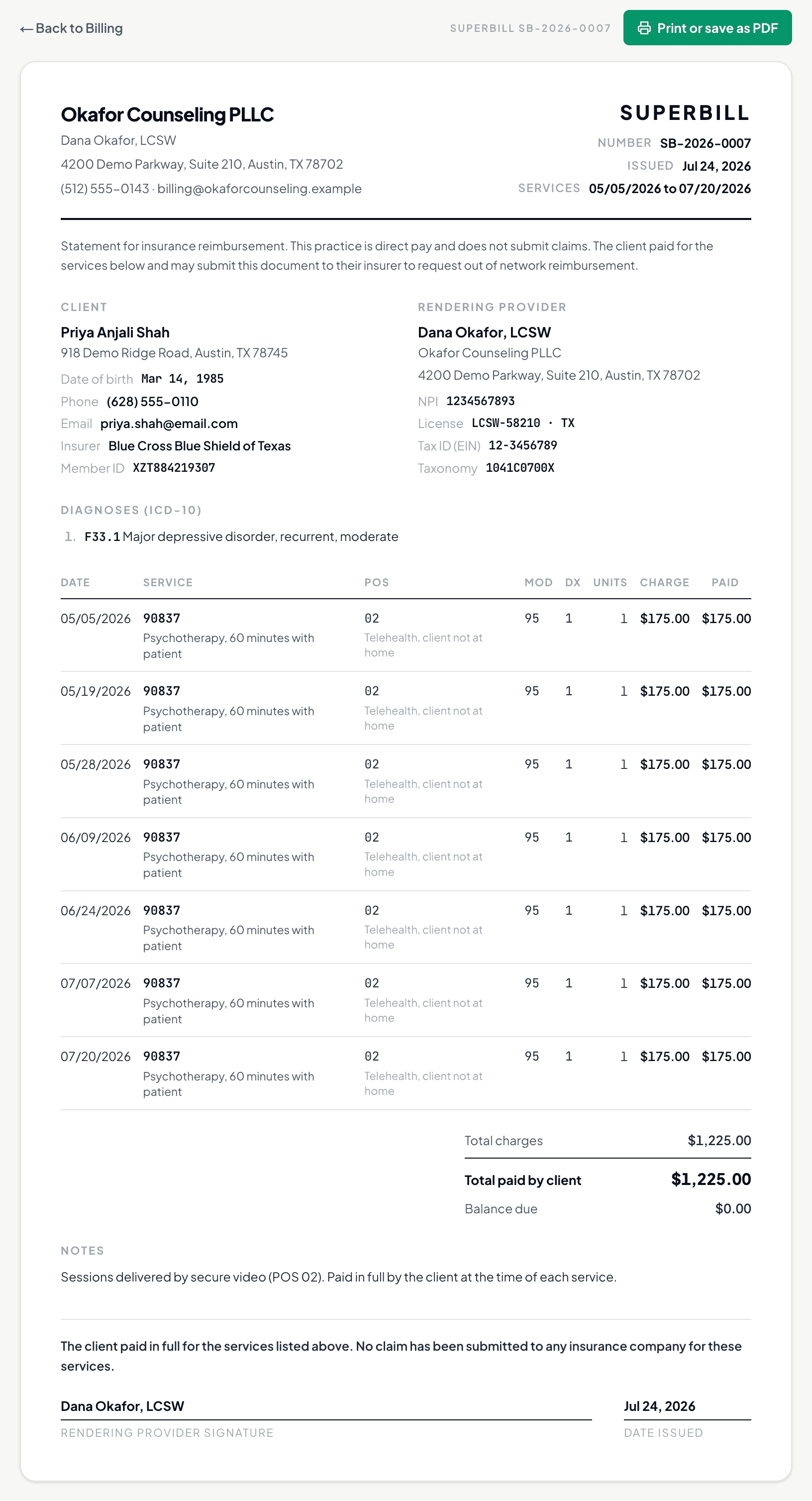 A FeelCharts superbill: the practice header and superbill number, a note that the practice is direct pay and does not submit claims, the client and rendering provider blocks with NPI and license, the ICD-10 diagnosis, and dated 90837 telehealth line items at $175 paid.